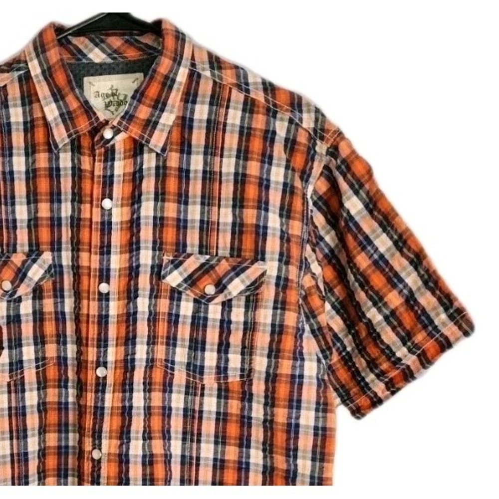Age of Wisdom Men's XL Western Blue/Orange Plaid Pearl Snap‎ Cotton Short Sleeve